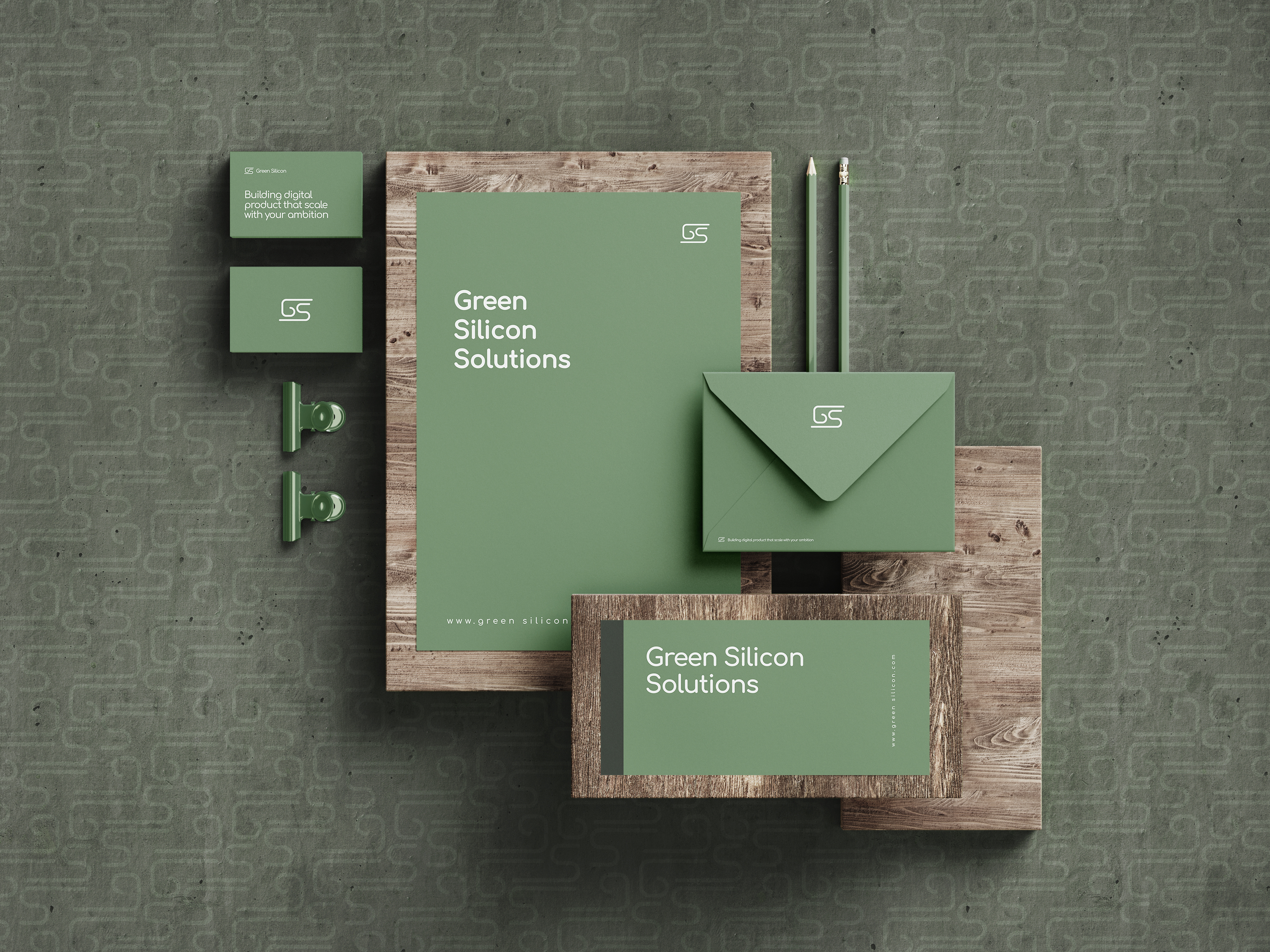 Green Silicon brand stationery and identity system