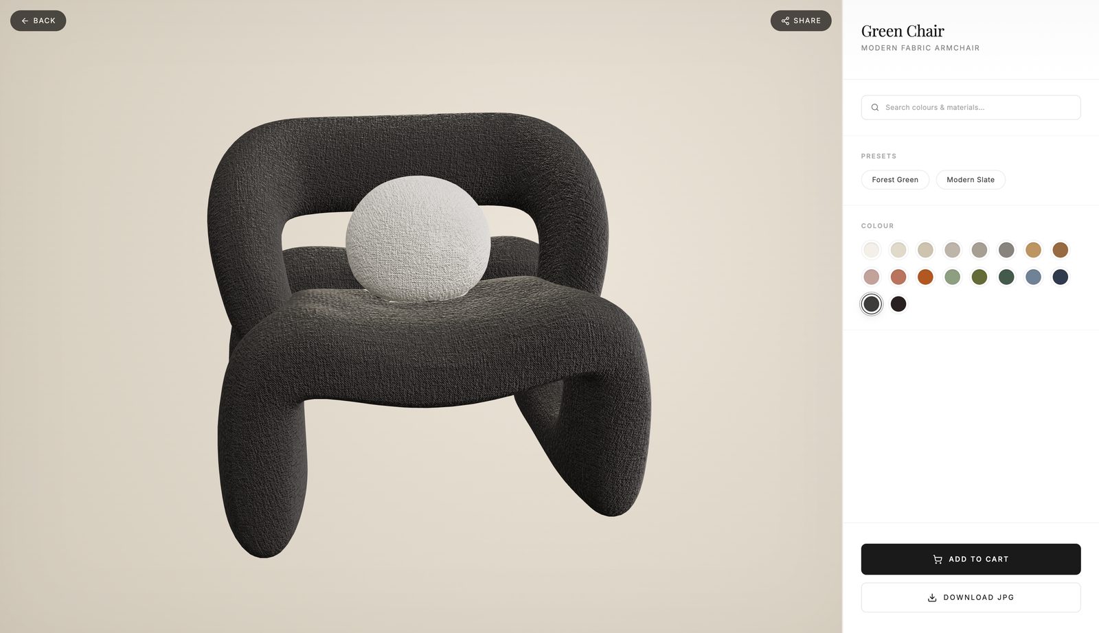 The same chair configured in charcoal bouclé