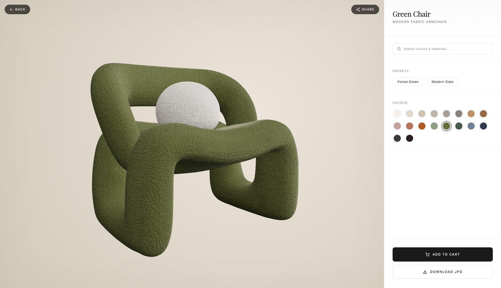 The Green Chair configurator in forest green bouclé