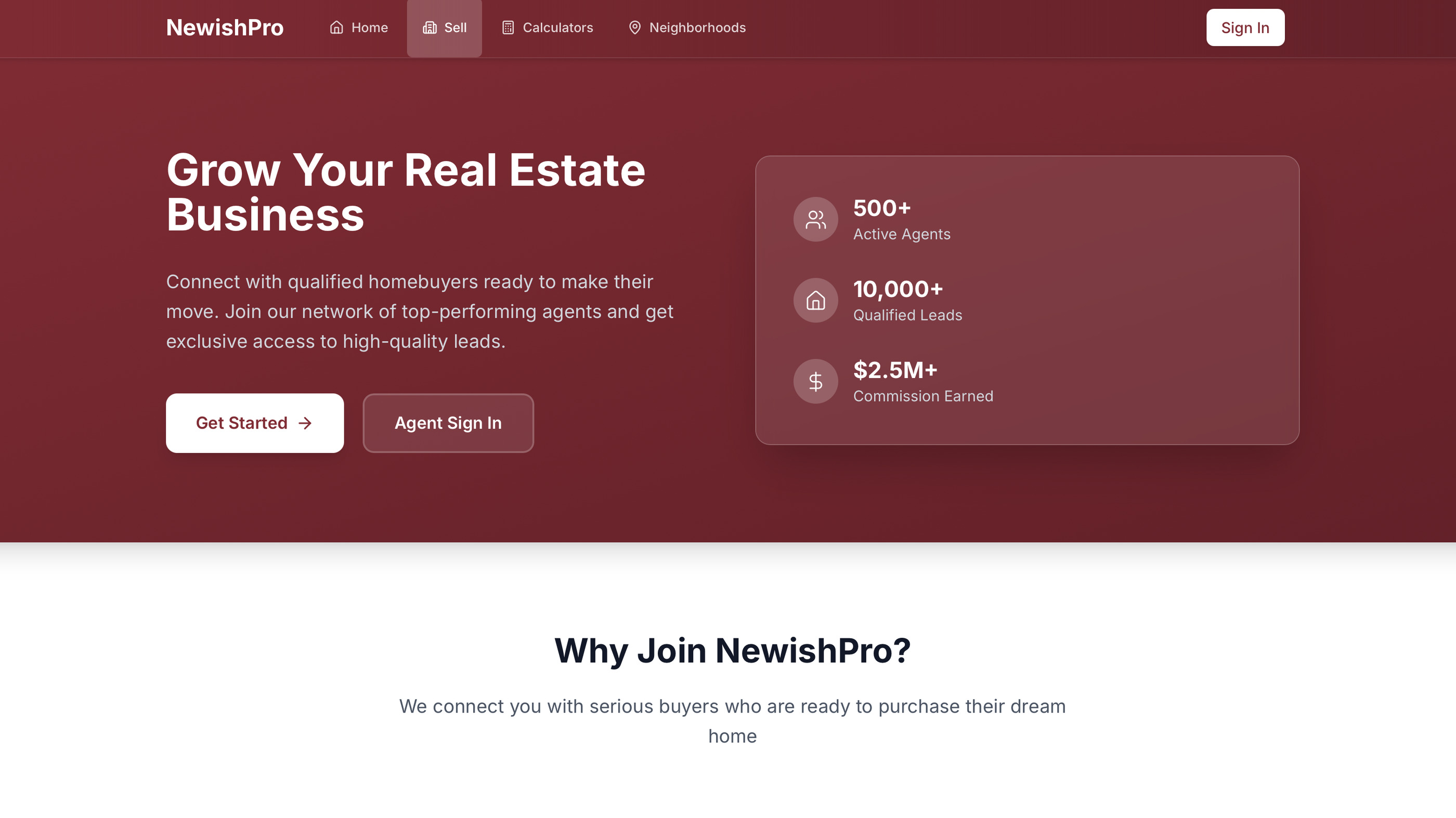 The NewishPro agent portal, headed Grow Your Real Estate Business