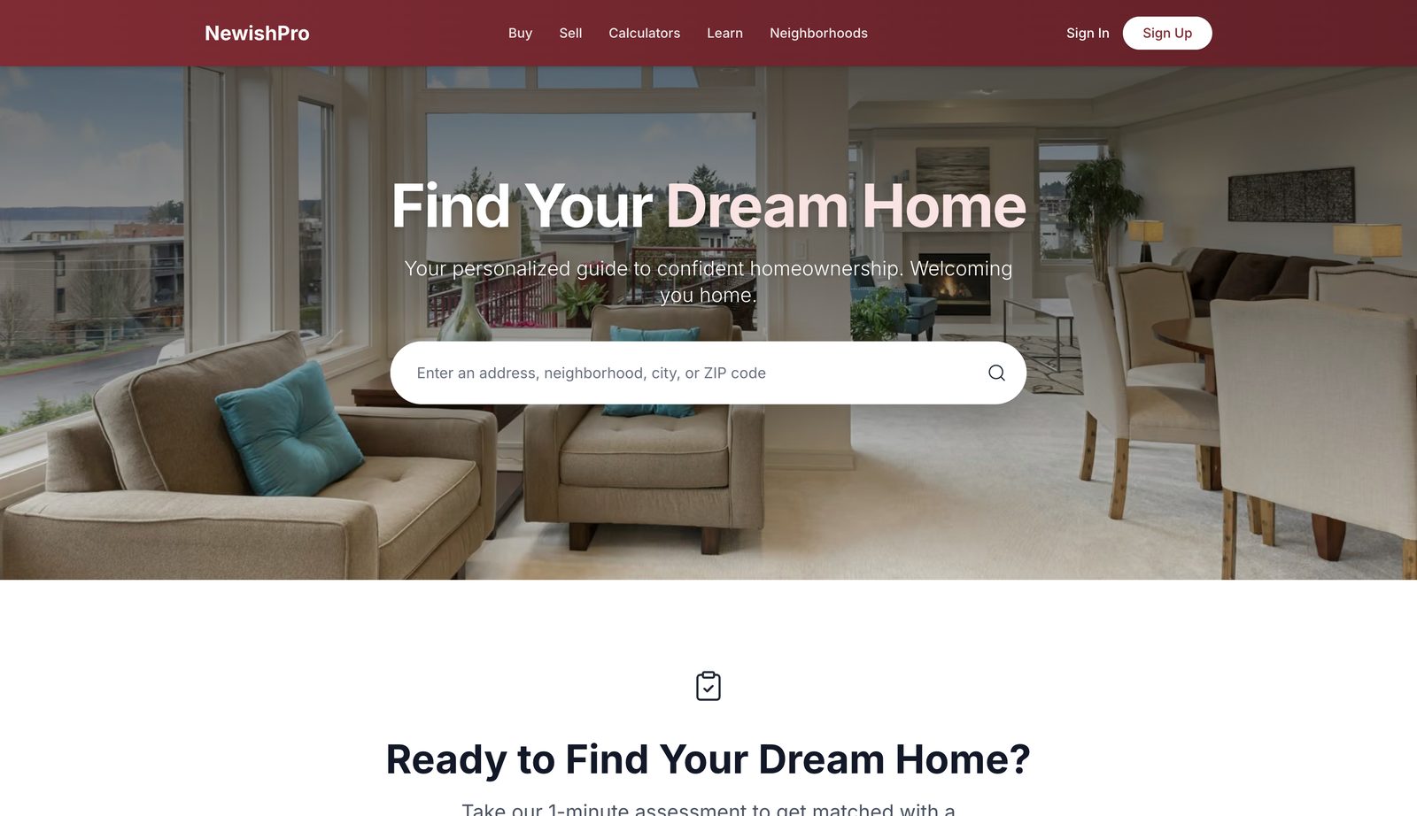 The NewishPro home page with a property search field