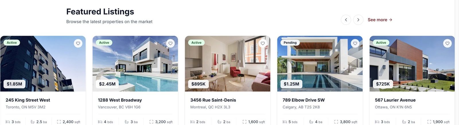 Property listings with price, location and specifications