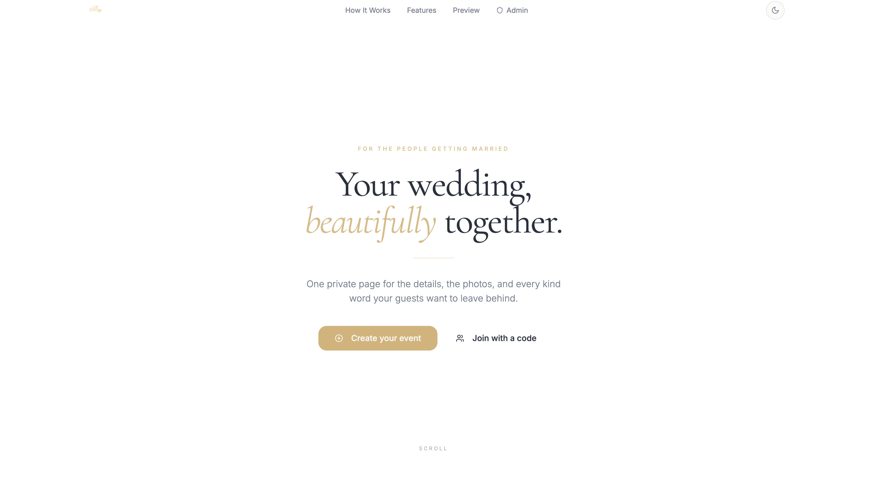 The OurDayy home page, headed Your wedding, beautifully together