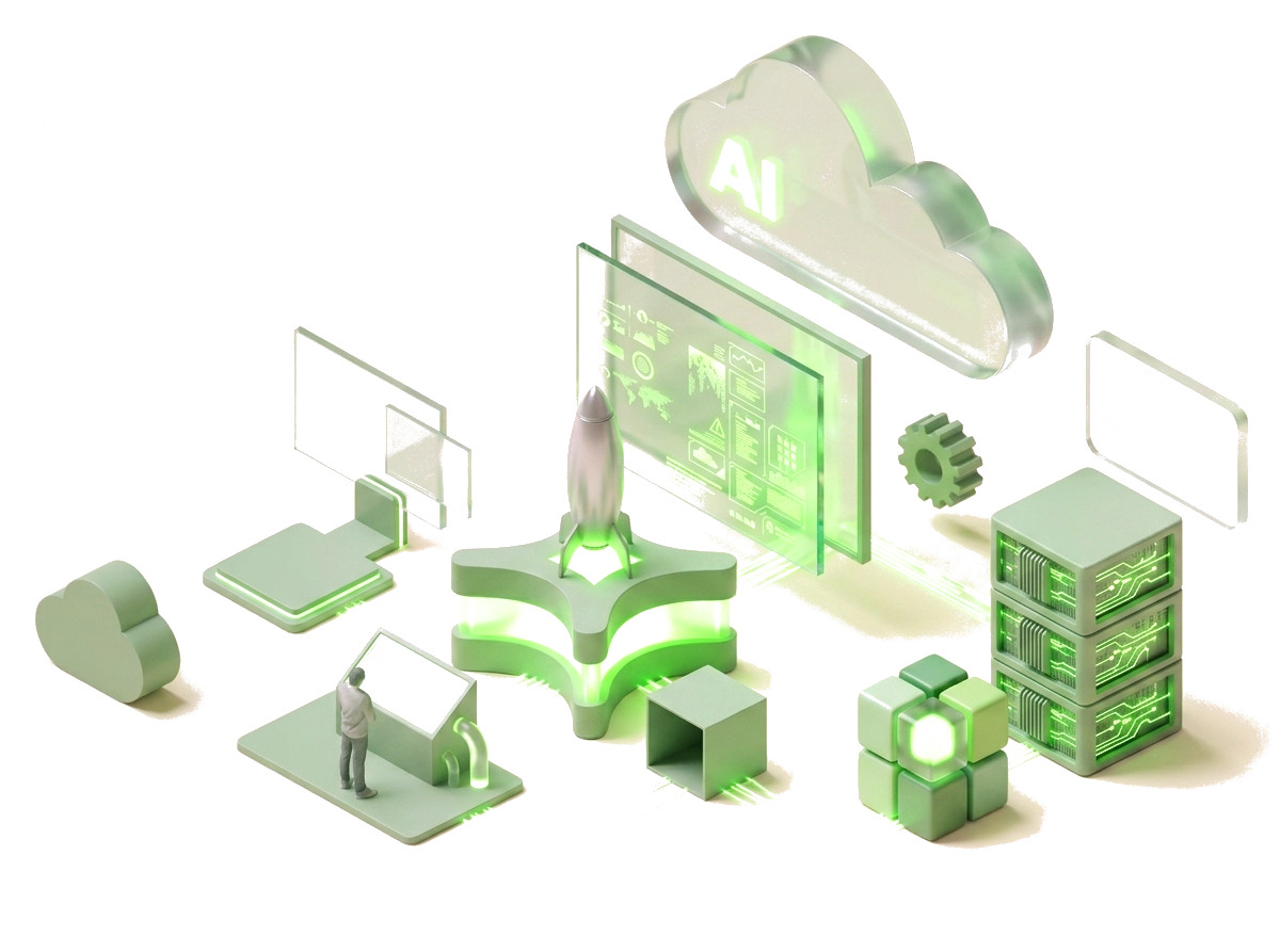 An isometric scene with an AI cloud, a launch pad, dashboards and server racks
