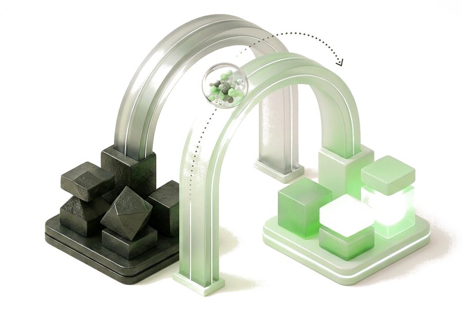 Rough dark blocks passing under an arch and emerging as bright green cubes