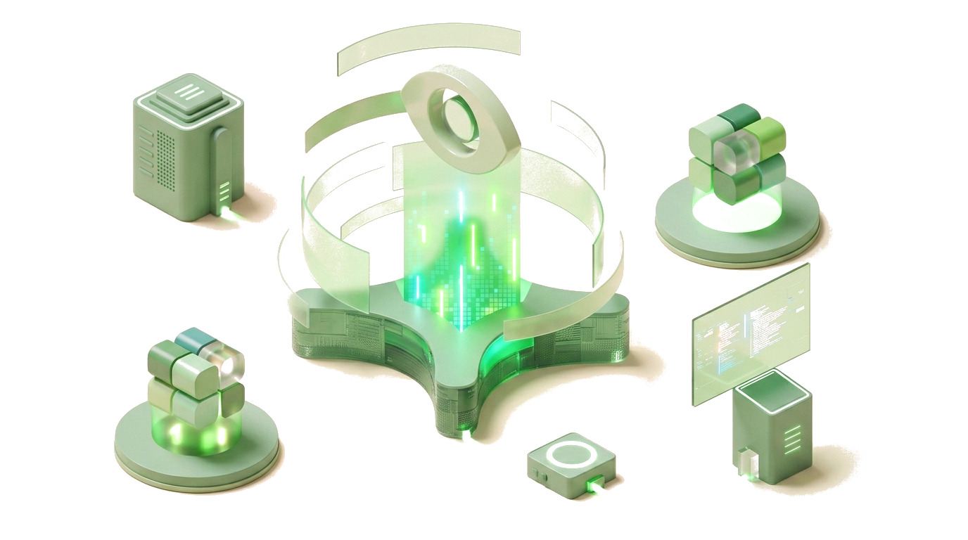 A glowing core inside orbiting rings, with servers and a code panel around it