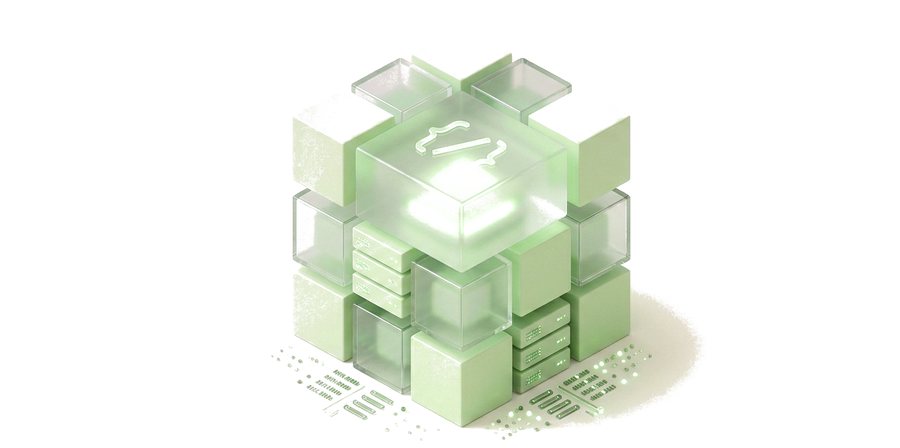 A cluster of glass and green cubes around a code symbol