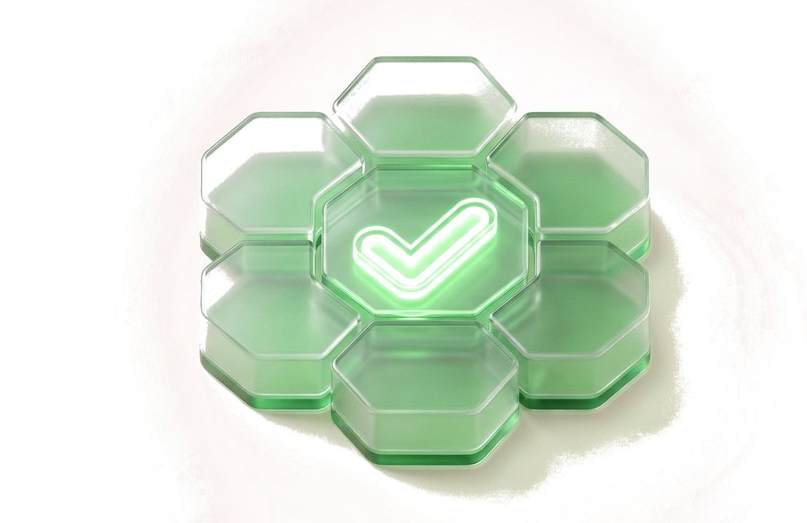 Interlocking hexagons around a glowing check mark