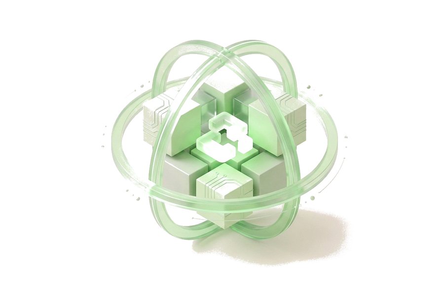 Orbit rings circling a cluster of cubes around a glowing core