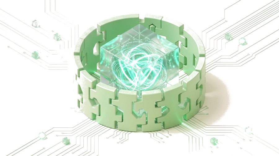 A ring of interlocking pieces around a glowing core