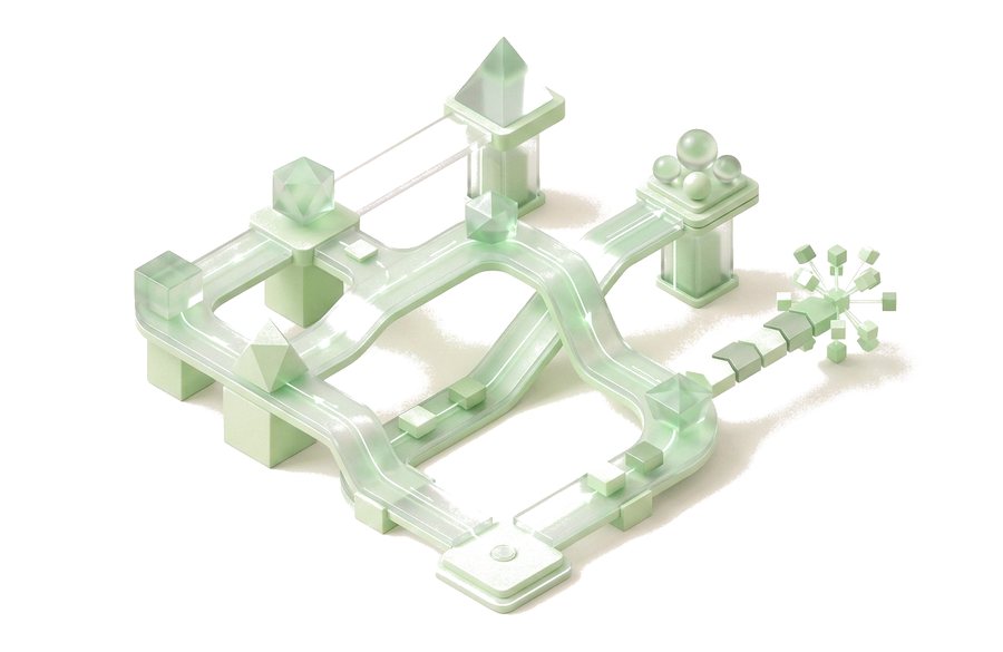A network of glass pipelines linking nodes across a platform