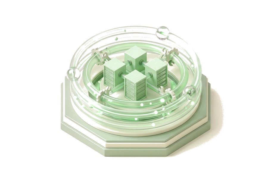 Server racks on a platform inside orbiting rings