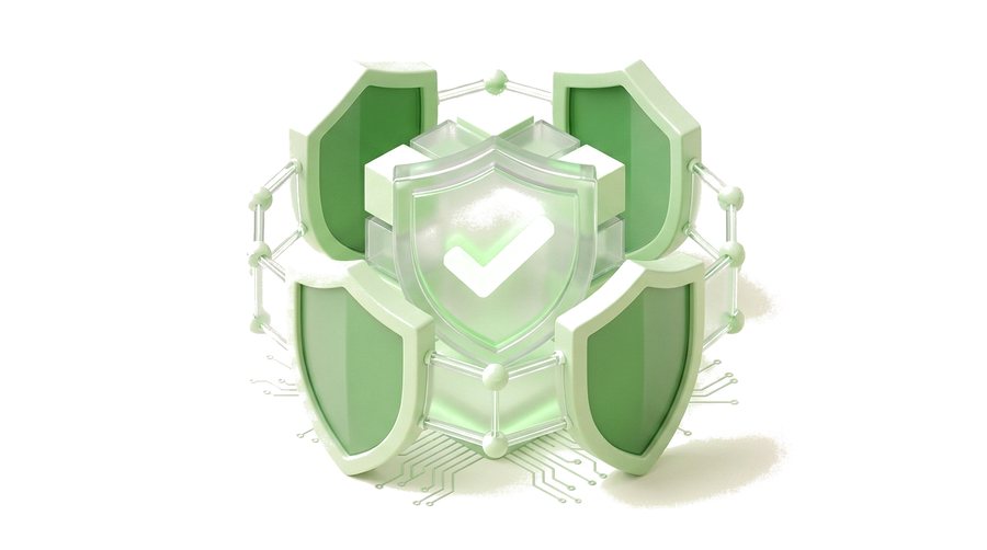 Shields arranged around a glass shield bearing a check mark